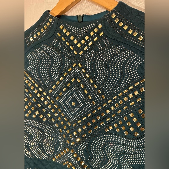 XTaren Teal Green Long Sleeve Quilted Dress Gold and Silver Stones Size Large - Picture 4 of 16